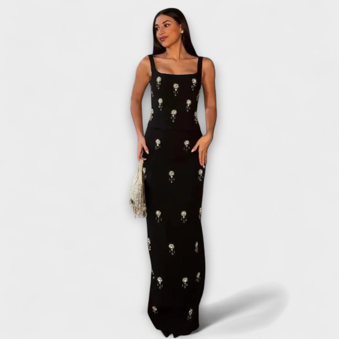 Avalon - Schwarzes Perlenzipper Oberteil und Rockensemble